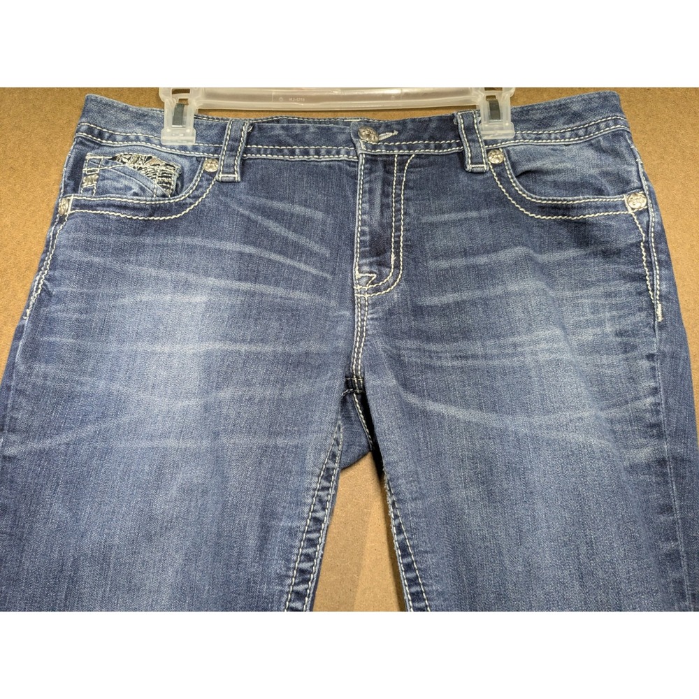 Miss Me Easy Skinny Jeans Womens 32 Mid Rise Fleur De Lis Embroidered Blue Denim - Picture 2 of 9